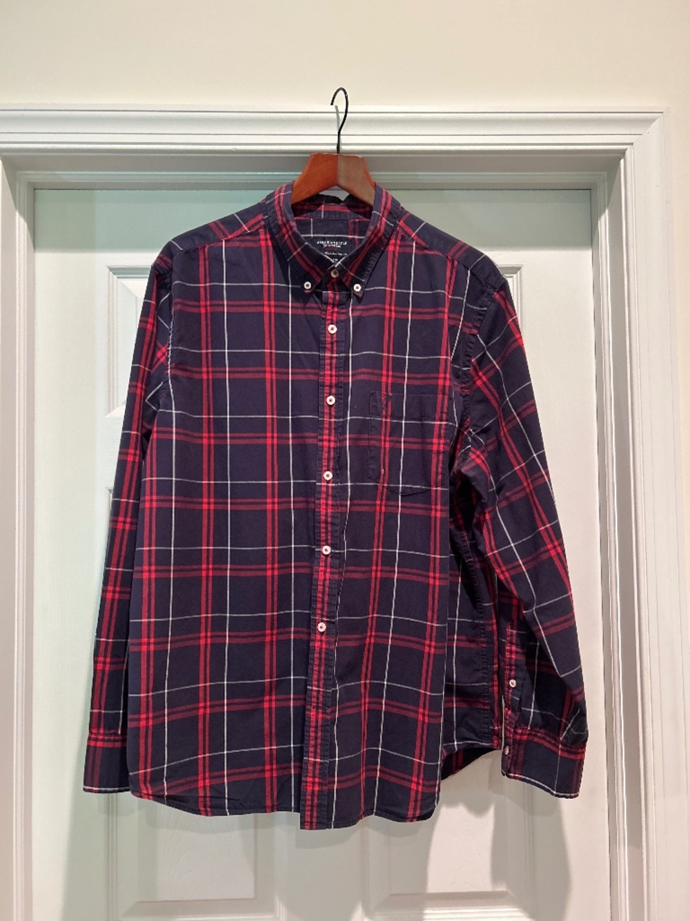 American Eagle Mens XXL Red/Blue Plaid Button Down Prep Fit Casual